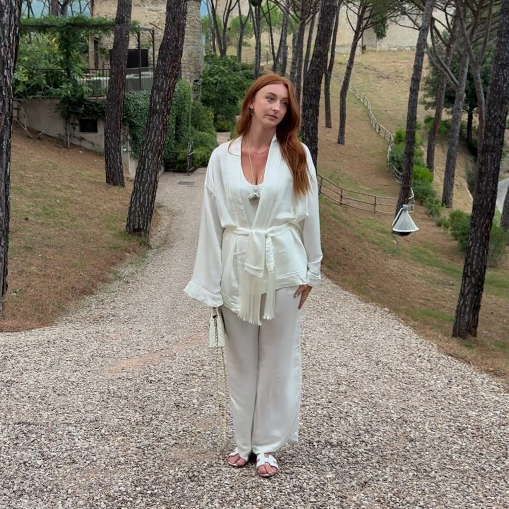 Huong Boutique White Silk Belted Lounge Set